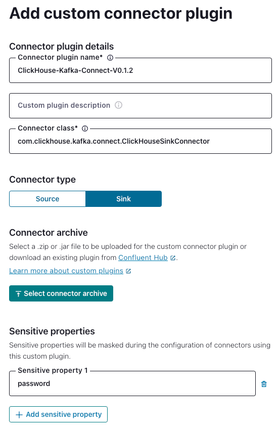 Интерфейс Confluent Platform с настройками для добавления поль�зовательского коннектора ClickHouse